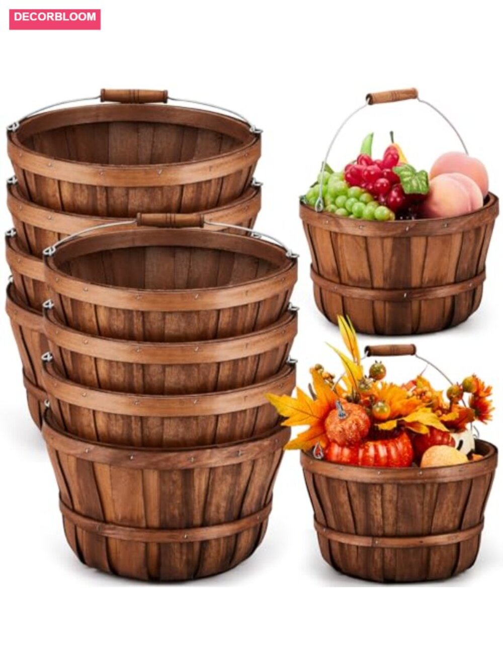 8 Pc Round Wooden Bushel Baskets 11x6.5 in, Apple Picking Fruit Storage